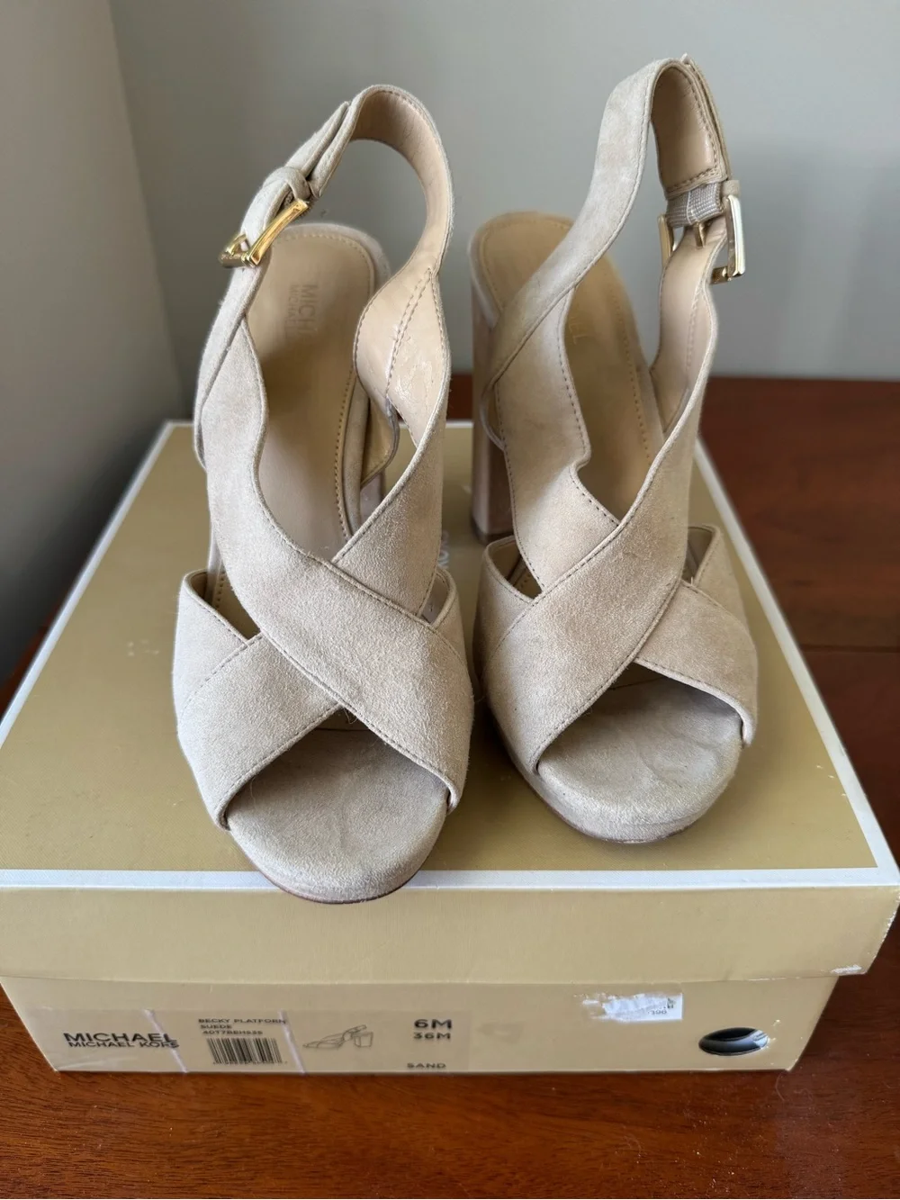 Michael Kors Beige Suede Platform Block Heel Sandals